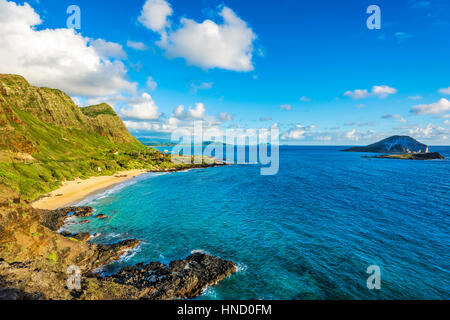 Overview of Makapu'u beach and coastline, Oahu Island, Hawaii, USA Stock Photo