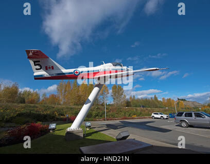 A Snowbird CT-114 on display at the Comox information centreHighway 19 at the Comox Valley Parkway on Vancouver Island. Stock Photo