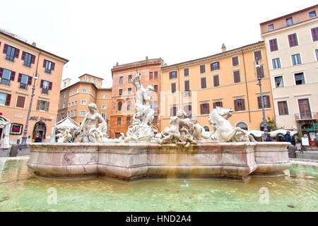 Rome, Italy - January 8, 2017: view of Fontana del Nettuno (Neptune's Fountain) in piazza Navona, Rome. Unidentified tourists visiting the place Stock Photo