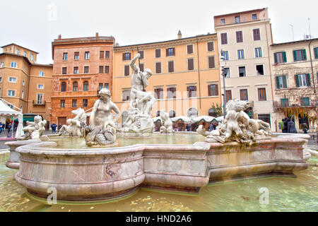 Rome, Italy - January 8, 2017: view of Fontana del Nettuno (Neptune's Fountain) in piazza Navona, Rome. Unidentified tourists visiting the place Stock Photo
