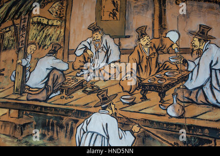 painting depicting an old, traditional Korean restauran in Samil daero street,Seoul, South Korea Stock Photo