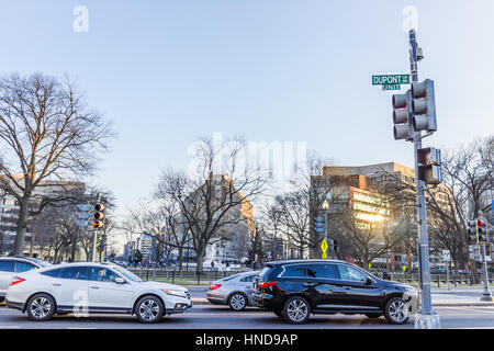 Washington DC, USA - February 5, 2017: Dupont circle with street sign and cars in winter Stock Photo