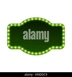 Blank 3d retro light sign with shining bulbs isolated on white background. Green street signboard with yellow and green marquee lights and dark backdrop. Advertising frame Colorful vector illustration Stock Vector