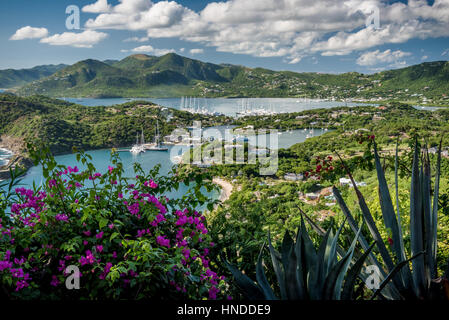 English Harbour (harbor) and Nelson's Dockyard viewed from Shirley Heights, Antigua Stock Photo