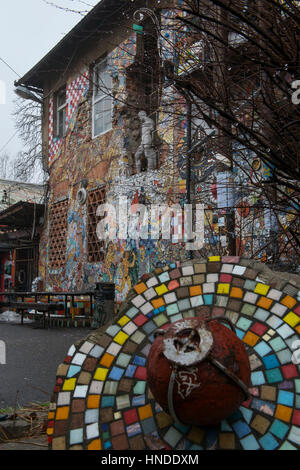 A facade of a building in Metelkova Mesto, an urban squat and autonomous social center in a former military base in the center of Ljubljana, Slovenia. Stock Photo