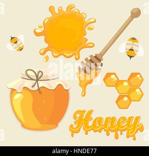 Vector illustration set of jars with honey, honeycomb, lettering and bees. Natural healthy food production. Stock Vector