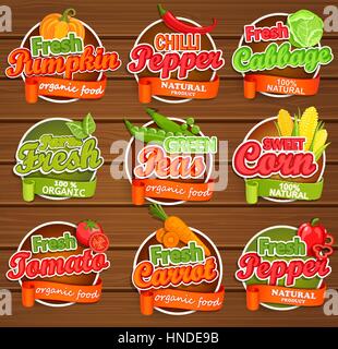 Fresh tomato and pumpkin, pepper, peas, cabbage, carrot, sweet corn, logo lettering typography food label or sticker. Concept for farmers market, orga Stock Vector