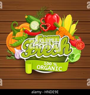 Farm fresh vegetables label. Wooden background. Organic farm illustration. Healthy lifestyle vector illustration design elements. Stock Vector