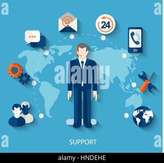 Modern vector illustration icons set in flat style of technical support with long shadow. Man with icons. Vector. Stock Vector