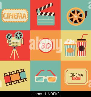 Set of movie design elements and cinema icons in flat style. Vector. Stock Vector
