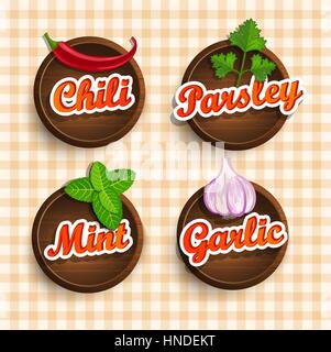 Stickers with wooden texture and names of spices, a vector illustration. Stock Vector
