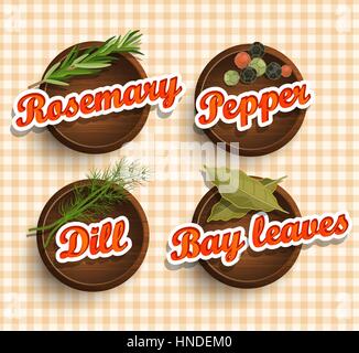 Stickers with wooden texture and names of spices. Stock Vector