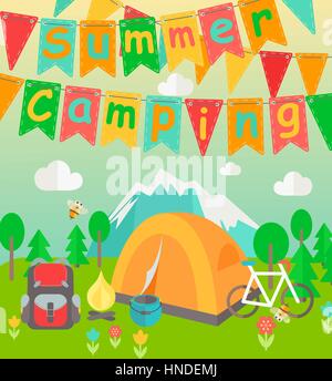 Summer Holiday and Travel themed Summer Camp poster in flat style. Hiking, mountain and travel icons. Party colorful flags with text. Vector illustrat Stock Vector