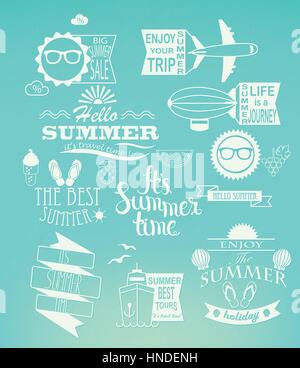 Summer holidays design elements and typography set. Retro and vintage templates. Labels, Badges, Posters. Stock Vector