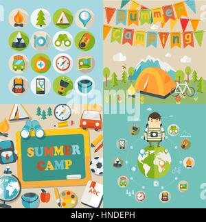 Summer Holiday and Travel themed Summer Camp posters and icons in flat style, vector illustration. Stock Vector