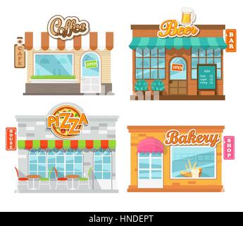 Vector illustration flat cafes and shop: pizza house, beer bar, coffee cafe and bakery shop. Stock Vector