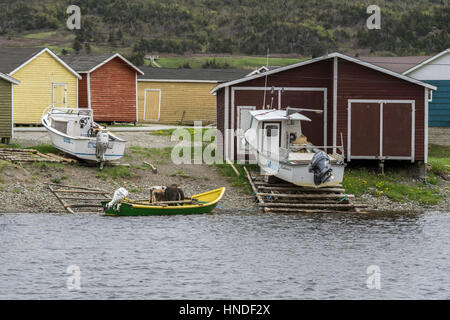 Fishing boats at the wharf at Trout River, Newfoundland Stock