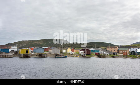 Fishing boats at the wharf at Trout River, Newfoundland Stock