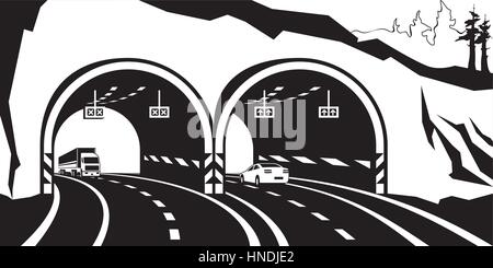 Highway tunnel in the mountains - vector illustration Stock Vector