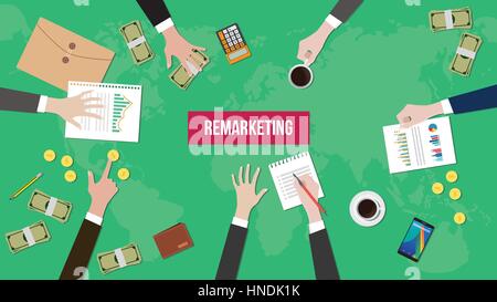 illustration of discussion about remarketing in a company with paperworks, money and document folder on top of table Stock Vector