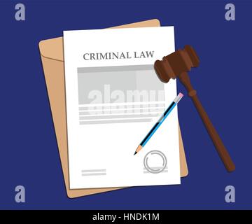 signing criminal law concept illustration with paperworks, pen and a judge hammer Stock Vector
