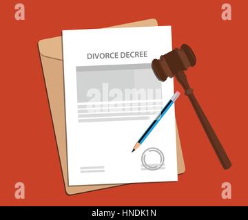 divorce decree agreement concept illustration with paperworks, pen and a judge hammer Stock Vector