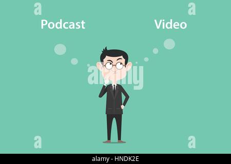 thinking about the difference of podcast vs video illustration with a white bubble text Stock Vector