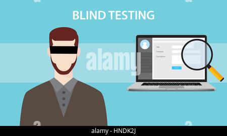 blind test testing illustration with a notebook , magnifying glass and man using eye cover Stock Vector