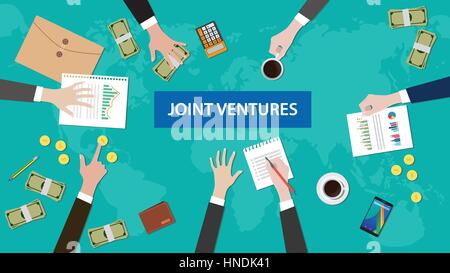 discussion group about joint ventures in a meeting illustration with paperworks, coins, folder document littered on top table Stock Vector