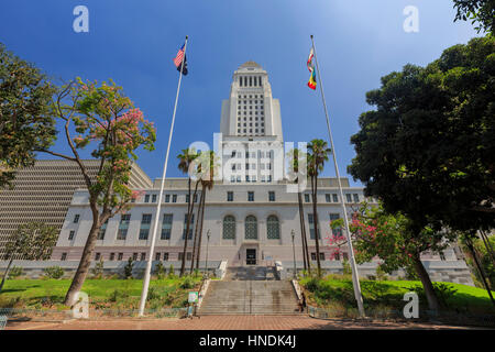 Los Angeles, AUG 23: Morning view of The famous City Hall of Los Angeles with blue sky on AUG 23, 2014 at Los Angeles, California Stock Photo