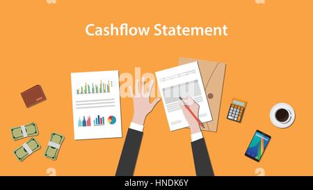 write and count cashflow statement on a paperworks with calculator, money and coffee on top of table Stock Vector