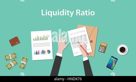 illustration of counting liquidity ratio with paperworks, calculator and money on top of table Stock Vector