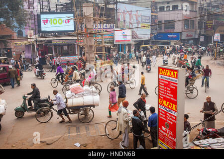 Traffic jam, Godowlia Crossing ,downtown, Varanasi, Uttar Pradesh, India. Stock Photo