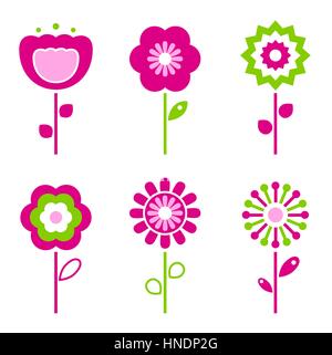 Collection of green and pink retro spring flowers Stock Photo