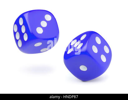 Two blue rolling dices isolated on white Stock Photo