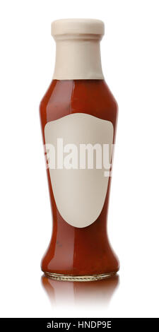 Glass bottle of hot tomato sauce with blank label isolated on white Stock Photo