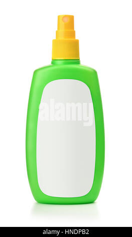 Green plastic spray bottle with blank label isolated on white Stock Photo