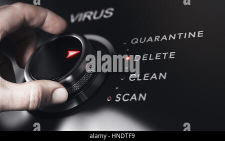 Hand turning a button with the title virus. Antivirus protection system concept, horizontal image. Composite between an image and a 3D background. Stock Photo
