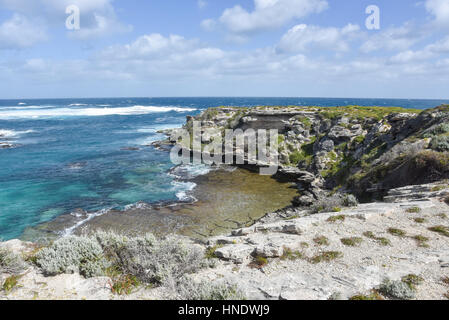 Rocky bay at the Cathedral Rock Indian Ocean remote beach at Rottnest Island in Western Australia. Stock Photo