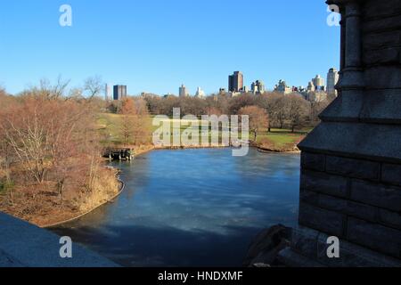View of Turtle Pond and the Great Lawn from Belvedere Castle in Central Park, Manhattan, New York City, United States of America Stock Photo