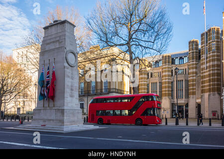 New routemaster red bus next to the Cenotaph on Whitehall. London, UK Stock Photo
