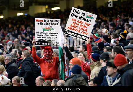 Wales fans in the stands during the RBS 6 Nations match at the Principality Stadium, Cardiff. Stock Photo