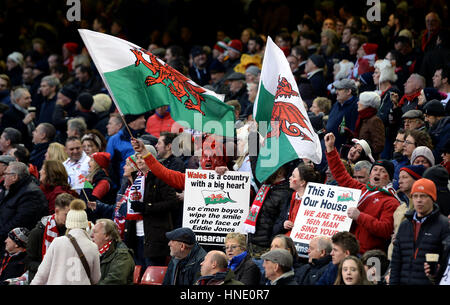 Wales fans in the stands during the RBS 6 Nations match at the Principality Stadium, Cardiff. Stock Photo