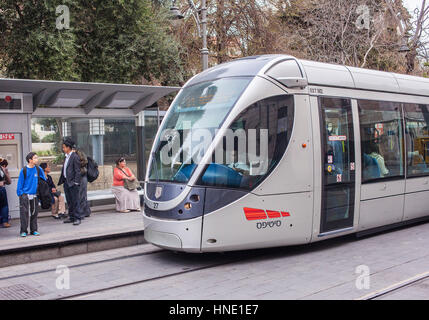 Trolley car, streetcar, Tram at Yafo street also called Jaffa street, Jerusalem, Israel Stock Photo