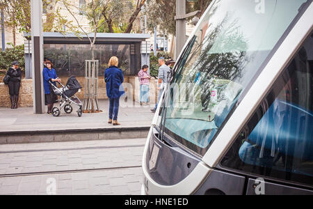 Trolley car, streetcar, Tram at Yafo street also called Jaffa street, Jerusalem, Israel Stock Photo