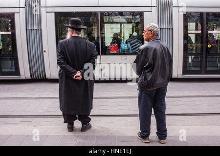 Trolley car, streetcar, Tram at Yafo street also called Jaffa street, Jerusalem, Israel Stock Photo