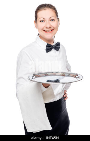 Portrait of a successful woman of the waiter with a tray on a white background Stock Photo