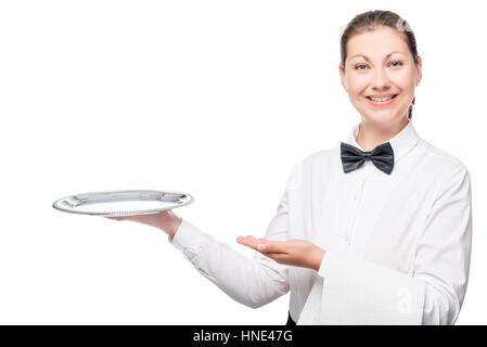 waitress woman pointing to his empty tray, a portrait in the studio Stock Photo