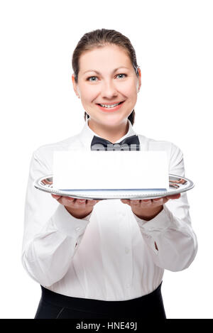 successful waitress with a tray on which there is an empty blank isolated Stock Photo