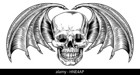 A winged skull drawing with bat or dragon wings in a vintage retro woodcut etched or engraved style Stock Photo